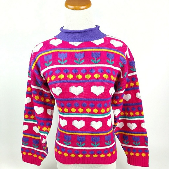 Vintage '80s Sure Fun Pink Hearts & Tulips Sweater - Picture 1 of 5